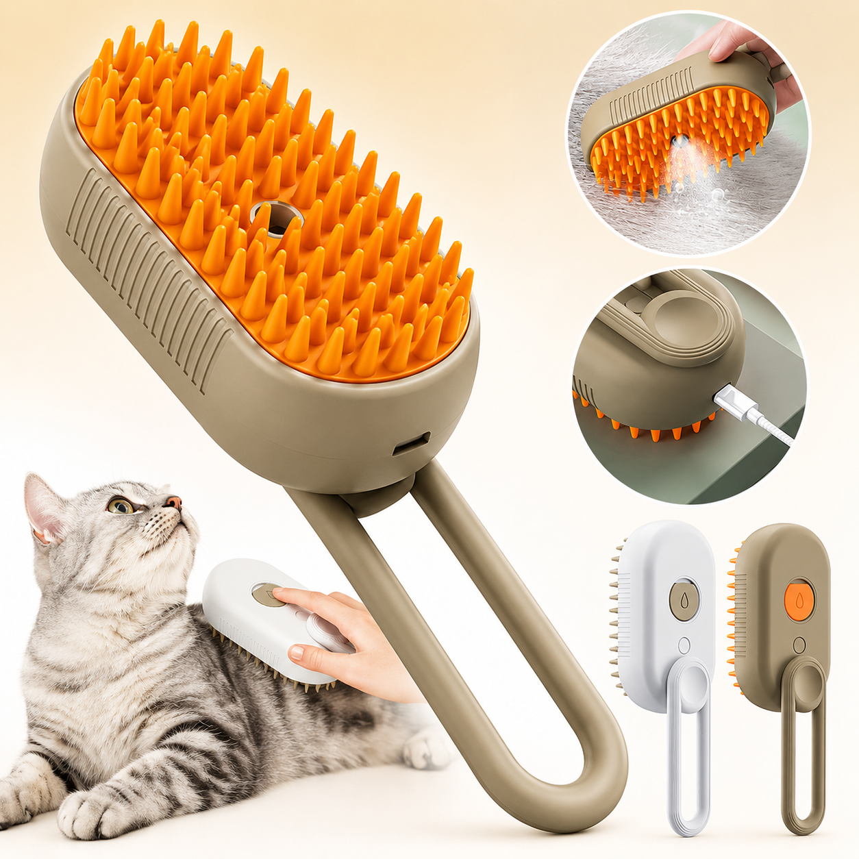 Steam spray pet grooming brush with soft silicone bristles